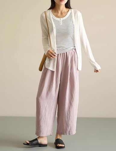 Womens Linen Pants Summer Casual Capris Cropped Wide Leg Beach Trousers with Pockets