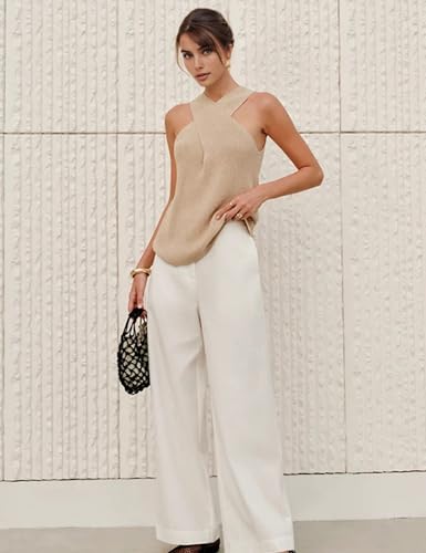 Women Halter Cross Over Collar Tank Knit Sleeveless Top Solid Color Casual Summer Blouse