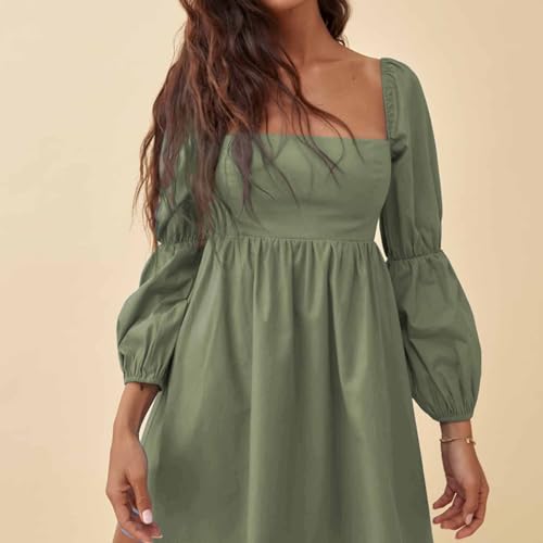 Womens 2025 Square Neck Dress Long Puff Sleeve A-Line Casual Short Mini Dresses