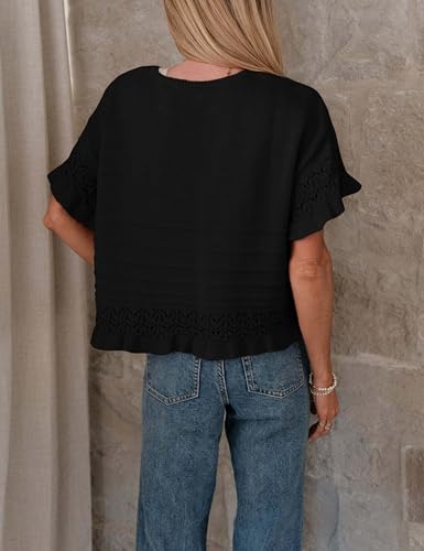 Yeokou Womens Short Sleeve Sweater Round Neck Ruffled Hem Knit Crochet Pullover Summer Fall Casual Top Blouse