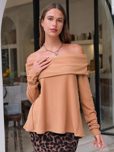Womens Long Sleeve Off Shoulder Shirts Fall Loose Casual Oversized Going Out Tops Outfits 2025 Trendy Clothes