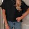 Yeokou Womens Short Sleeve Sweater Round Neck Ruffled Hem Knit Crochet Pullover Summer Fall Casual Top Blouse