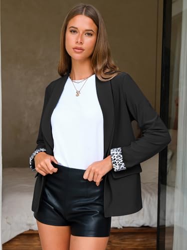 Women Casual Long Sleeve Leopard Cuff Blazers Open Front Stretchy Knit Blazer Business Work Office Suit Jacket Pockets