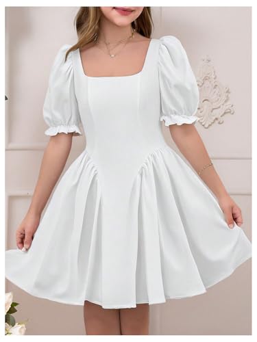 Girl's Summer Puff Sleeve Bow Back Party Graduation Dress A Line Flowy Fancy Dress
