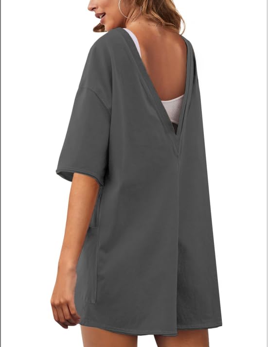 Rompers for Women Casual Short Sleeve Oversized Athletic Workout Reversible Hot Shot Tee Romper Deep Pockets