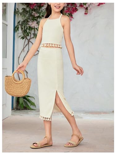 Girl's 2 Piece Summer Clothes Tassel Halter Crop Top and Slit Midi Skirt Set Vacation Outfits