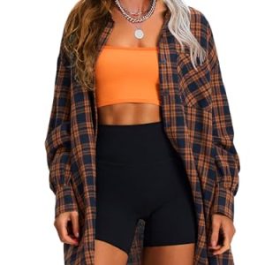 Womens Plaid Flannel Shacket Long Sleeve Button Down Shirts Long Jackets Oversized Spring Fashion Outfits 2025 Clothes