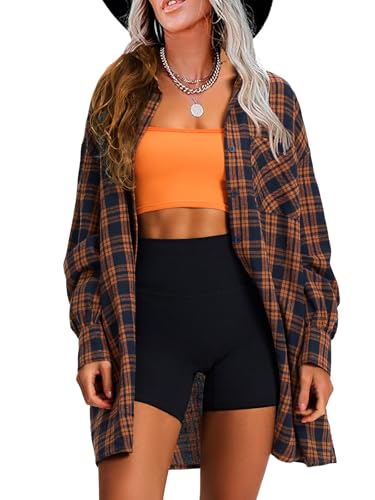Womens Plaid Flannel Shacket Long Sleeve Button Down Shirts Long Jackets Oversized Spring Fashion Outfits 2025 Clothes