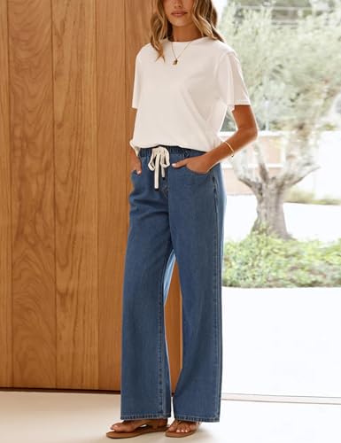 Women Wide Leg Jeans Casual Loose Fit High Elastic Waist Denim Pants with Pockets