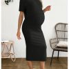Women's Maternity Ribbed 2 Piece Outfits Short Sleeve Crop Top Bodycon Slit Midi Skirt Set