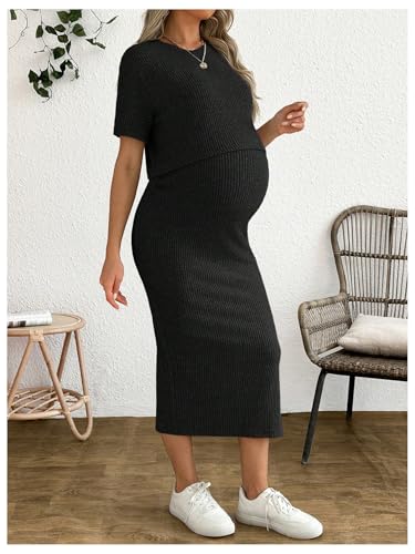 Women's Maternity Ribbed 2 Piece Outfits Short Sleeve Crop Top Bodycon Slit Midi Skirt Set