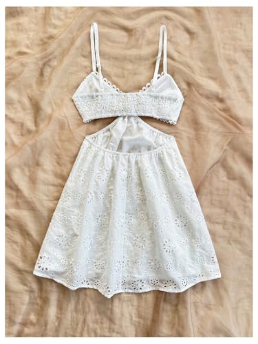 SHENHE Women's Summer Eyelet Open Back Cami Dress Cut Out V Smocked Neck Flowy Boho Vacation Sundress