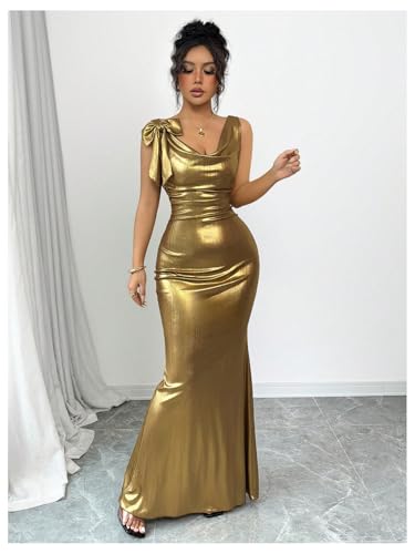 Women's Sexy Open Back Shiny Metallic Maxi Dress Cowl Neck Bow Bodycon Cocktail Party Dress