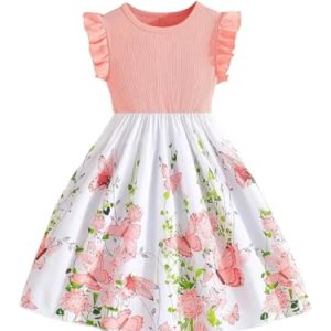 Girl's Summer Floral Dress Ruffle Sleeve A Line Flowy Ribbed Boho Vacation Dress