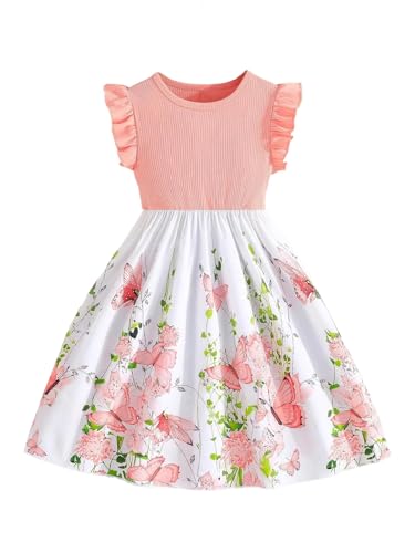Girl's Summer Floral Dress Ruffle Sleeve A Line Flowy Ribbed Boho Vacation Dress