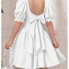 Girl's Summer Puff Sleeve Bow Back Party Graduation Dress A Line Flowy Fancy Dress