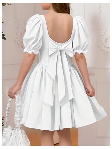 Girl's Summer Puff Sleeve Bow Back Party Graduation Dress A Line Flowy Fancy Dress