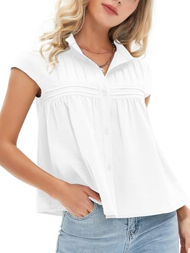 Women's 2025 Summer Cap Sleeve Tops Loose Button Down Dress Shirt Casual V Neck Pleated Textured Work Blouse