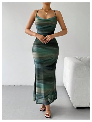 Women's Tie Dye Mesh Maxi Dress Cowl Neck Backless Sexy Bodycon Party Long Dress