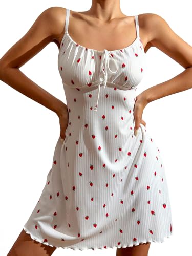 Women's Sexy Strawberry Pajama Dress Bow Sweetheart Neck Sleeveless Babydoll Nightgown Pj Sleep Dress