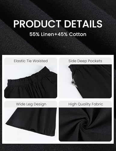 Women Linen Cotton Wide Leg Pants Drawstring Elastic High Waist Casual Palazzo Trousers with Deep Pockets