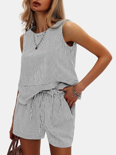 Women's Summer 2 Piece Outfits Sleeveless Tank Top Matching Shorts Sets Cotton Striped Sweatsuits Vacation Beach 2025