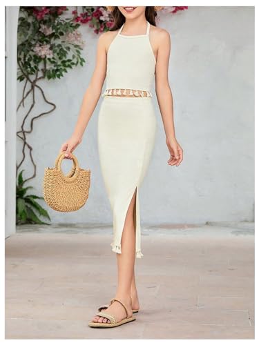 Girl's 2 Piece Summer Clothes Tassel Halter Crop Top and Slit Midi Skirt Set Vacation Outfits