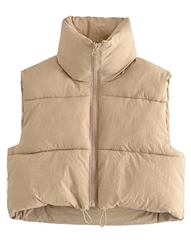 Women's Cropped Puffer Vest Zip Up Stand Collar Sleeveless Outerwear with Pockets
