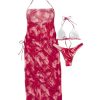Women's 3 Piece Triangle Thong Swimsuit Tie Dye Bikini Set with Thigh Slit Cover Up Dress