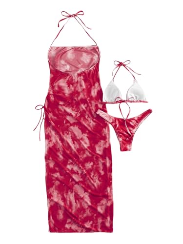 Women's 3 Piece Triangle Thong Swimsuit Tie Dye Bikini Set with Thigh Slit Cover Up Dress
