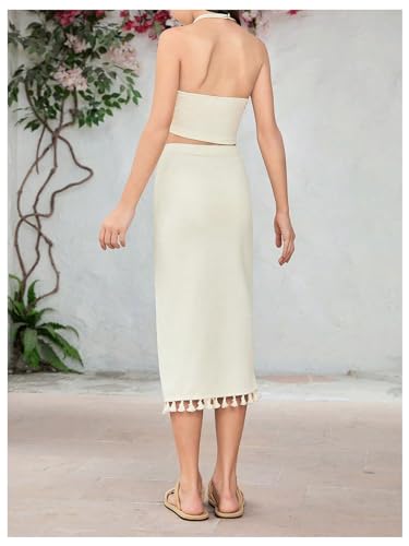 Girl's 2 Piece Summer Clothes Tassel Halter Crop Top and Slit Midi Skirt Set Vacation Outfits