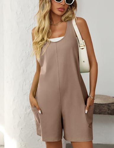 Casual Sleeveless Rompers for Women Summer Beach Vacation Stretchy Cotton Racerback Overall Shorts with Pockets