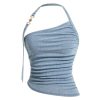 SHENHE Women's Denim Halter Neck Backless Ruched Fitted Y2k Asymmetrical Jean Tops