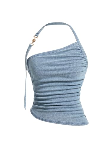 SHENHE Women's Denim Halter Neck Backless Ruched Fitted Y2k Asymmetrical Jean Tops