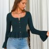 Women Cropped Cardigan Sweaters Fall Flare Sleeve Button Cardigans Ruffled Hem Cute Sweater Casual Soft Stretchy Tops