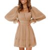 Women's 2025 Casual Long Lantern Sleeve Dresses Square Neck Ruffle Tie Back Elastic Waist Aline Short Mini Dress