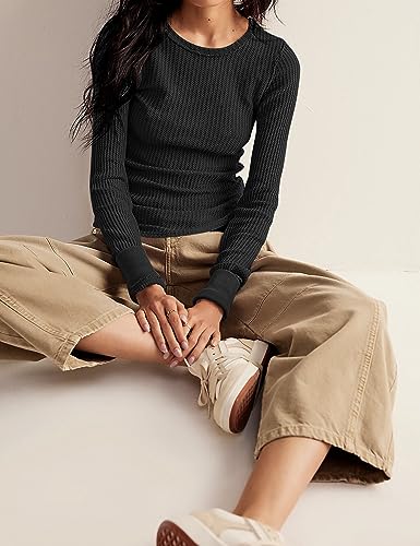 Women's Waffle Knit Tops Long Sleeve Shirts Casual Slim Fitted Crew Neck Pullover Shirts