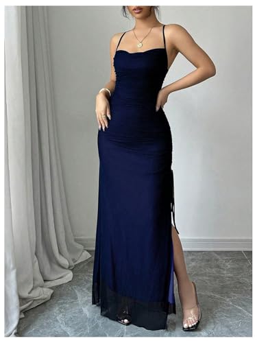 Women's Cowl Neck Mesh Maxi Dress Ruched High Slit Sexy Bodycon Cocktail Party Dress