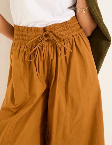 Women Casual Wide Leg Pants Summer Cotton High Rise Elastic Waist Cropped Capris Trousers with Pockets