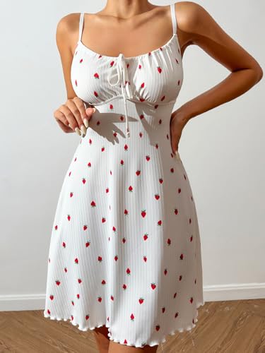 Women's Sexy Strawberry Pajama Dress Bow Sweetheart Neck Sleeveless Babydoll Nightgown Pj Sleep Dress