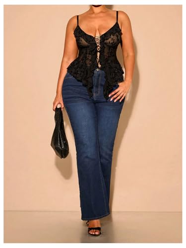 Women's Plus Size Sexy Open Front Lace Up Sheer Mesh Ruffle Trim Y2k Top Camisole Tank