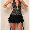Women's Sleeveless Halter Deep V Neck Dress Backless Tie Back Ruched Lace Bodycon Mini Dresses