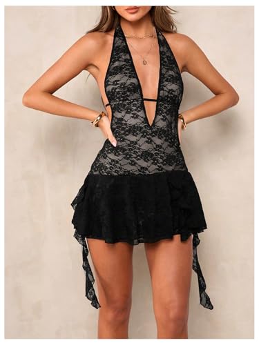 Women's Sleeveless Halter Deep V Neck Dress Backless Tie Back Ruched Lace Bodycon Mini Dresses