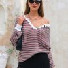 Women's Oversized Striped Sweaters Long Sleeve Shirt Loose V Neck Button Henley Tops Fall Pullover Knit Jumper 2025