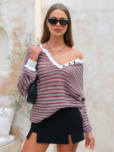 Women's Oversized Striped Sweaters Long Sleeve Shirt Loose V Neck Button Henley Tops Fall Pullover Knit Jumper 2025