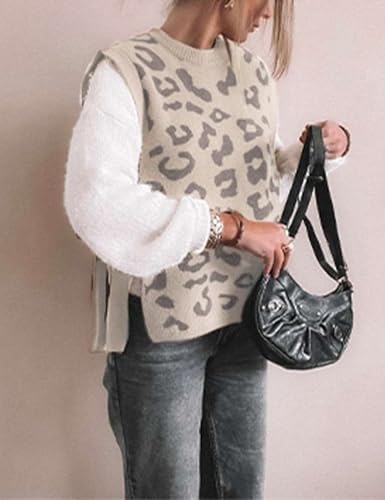 Women Leopard Print Sweater Vest Side Tie Knit Tank Tops Sleeveless Crew Neck Casual Fall Outfits