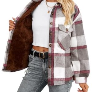 Women's Warm Sherpa Lined Fleece Plaid Flannel Shirt Jacket Button Down Fuzzy Shacket