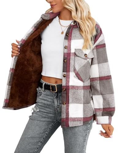 Women's Warm Sherpa Lined Fleece Plaid Flannel Shirt Jacket Button Down Fuzzy Shacket