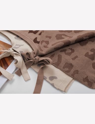 Women Leopard Print Sweater Vest Side Tie Knit Tank Tops Sleeveless Crew Neck Casual Fall Outfits