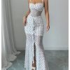 Women's Vintage Polka Dots Halter Ruched Bodycon Ruffle Slit Bodycon Party Maxi Dress